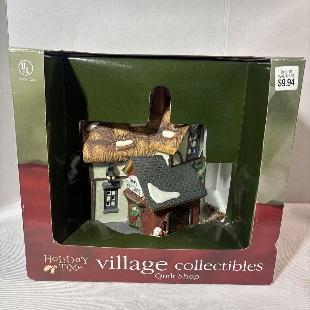 Vtg Holiday Time Village Collectibles Jane's Quilt Shop Lighted Porcelain House